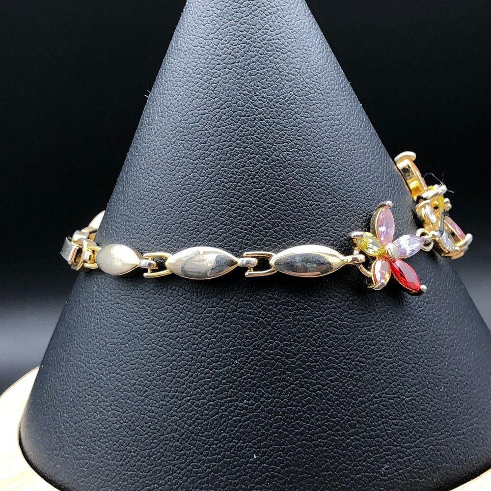 Multi Color Crystal Bracelet 6.5 inch Rhinestone Flower Link Leaf Vine Gold Tone - Picture 2 of 10